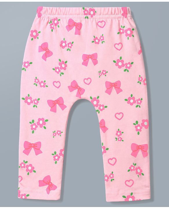 Babyhug Cotton Knit Full Length Diaper Leggings WIth Floral & Bow Print Pack of 3 - Multicolor
