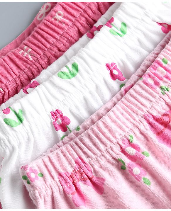 Babyhug Cotton Knit Full Length Diaper Leggings WIth Floral & Bow Print Pack of 3 - Multicolor