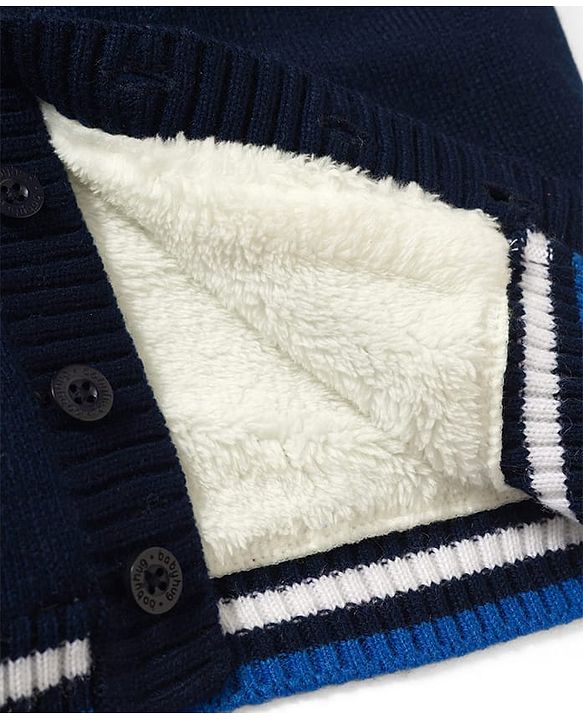Babyhug Fur- Lined Knit Full Sleeves Tiger Embroidered Hooded Sweater - Navy Blue
