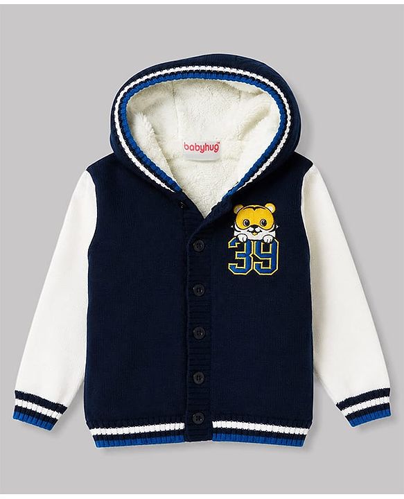 Babyhug Fur- Lined Knit Full Sleeves Tiger Embroidered Hooded Sweater - Navy Blue