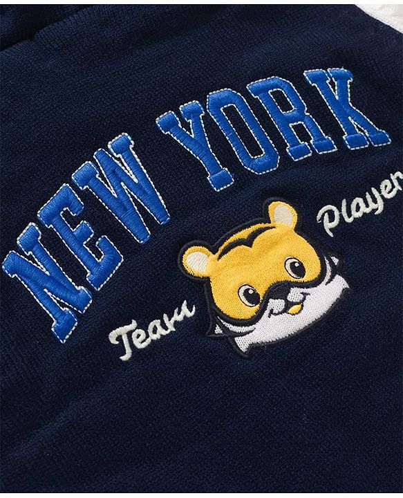 Babyhug Fur- Lined Knit Full Sleeves Tiger Embroidered Hooded Sweater - Navy Blue