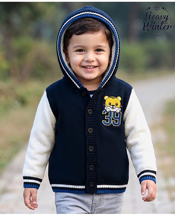Babyhug Fur- Lined Knit Full Sleeves Tiger Embroidered Hooded Sweater - Navy Blue