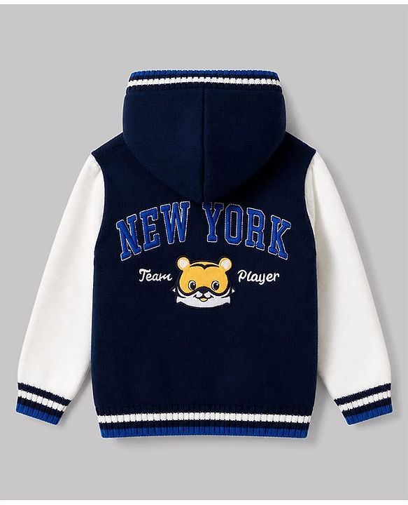 Babyhug Fur- Lined Knit Full Sleeves Tiger Embroidered Hooded Sweater - Navy Blue