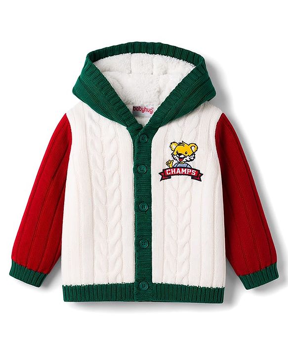 Babyhug Knitted Full Sleeves Hooded Sweater With Tiger Embroidery - Green White & Red
