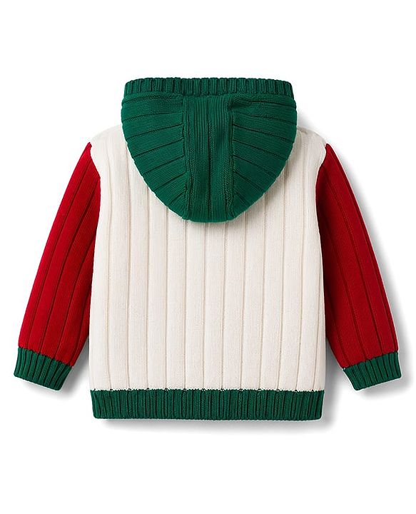 Babyhug Knitted Full Sleeves Hooded Sweater With Tiger Embroidery - Green White & Red