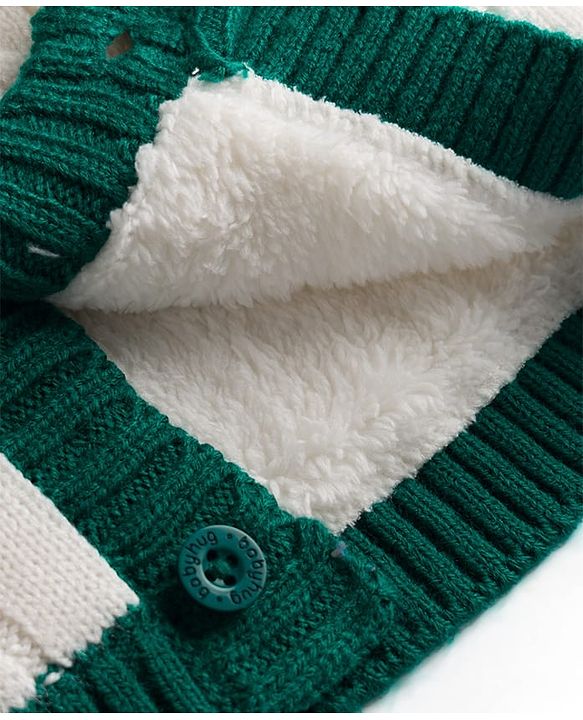 Babyhug Knitted Full Sleeves Hooded Sweater With Tiger Embroidery - Green White & Red