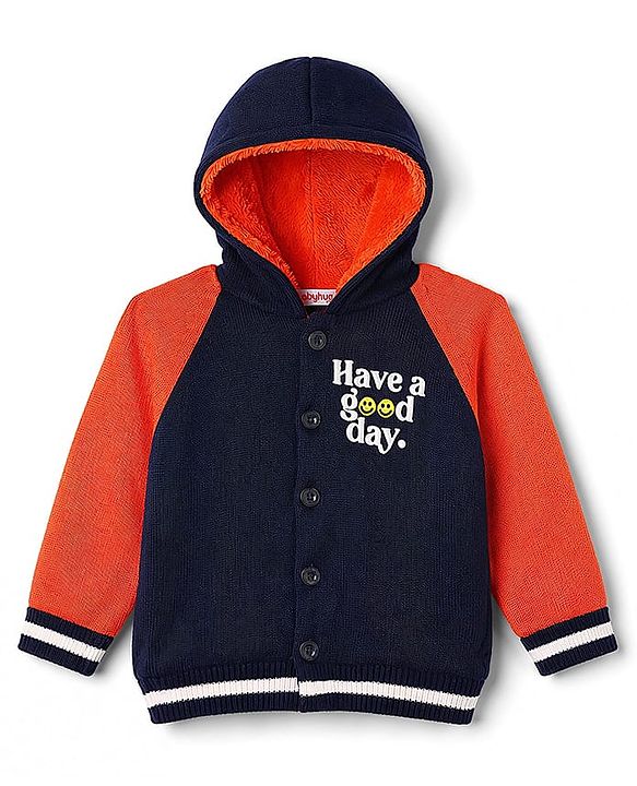 Babyhug Fur- Lined Knit Full Raglan Sleeves Hooded Sweater with Front & Back Text Design - Navy