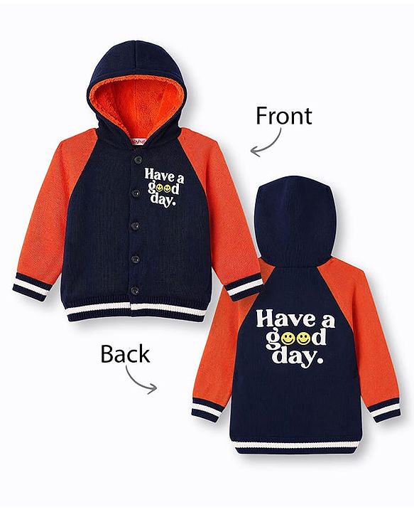 Babyhug Fur- Lined Knit Full Raglan Sleeves Hooded Sweater with Front & Back Text Design - Navy