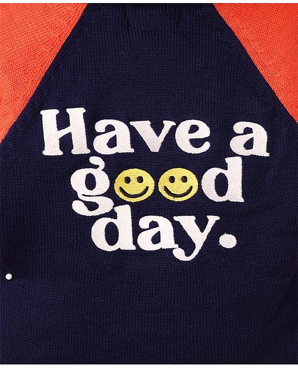 Babyhug Fur- Lined Knit Full Raglan Sleeves Hooded Sweater with Front & Back Text Design - Navy