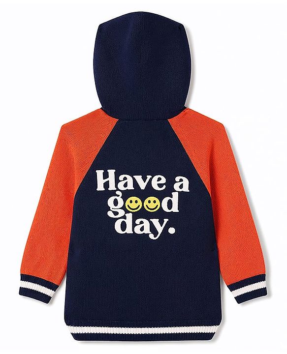 Babyhug Fur- Lined Knit Full Raglan Sleeves Hooded Sweater with Front & Back Text Design - Navy