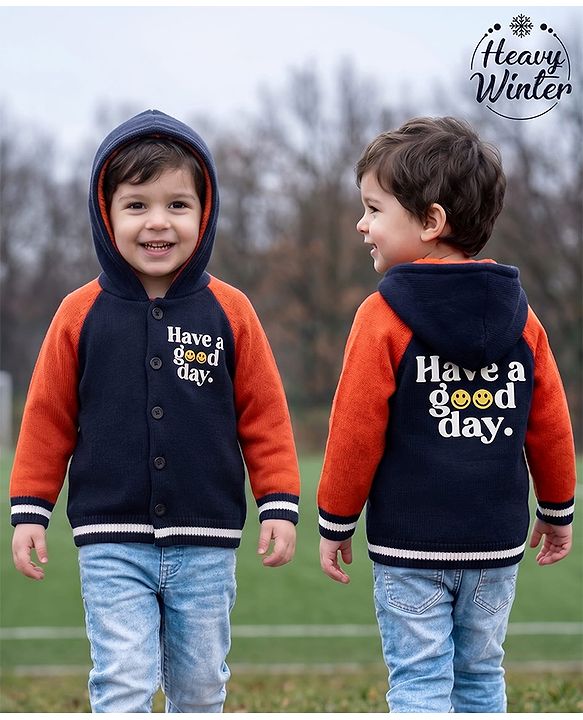 Babyhug Fur- Lined Knit Full Raglan Sleeves Hooded Sweater with Front & Back Text Design - Navy