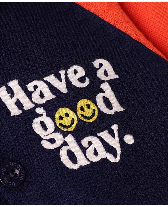 Babyhug Fur- Lined Knit Full Raglan Sleeves Hooded Sweater with Front & Back Text Design - Navy