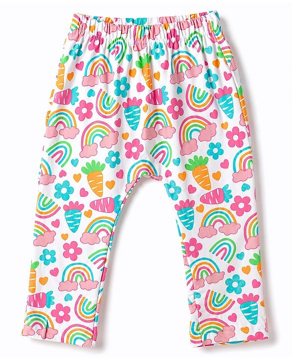 Babyhug Cotton Knit Full Length Diaper Leggings With Floral Heart & Rainbow Print Pack of 3 - Multicolor