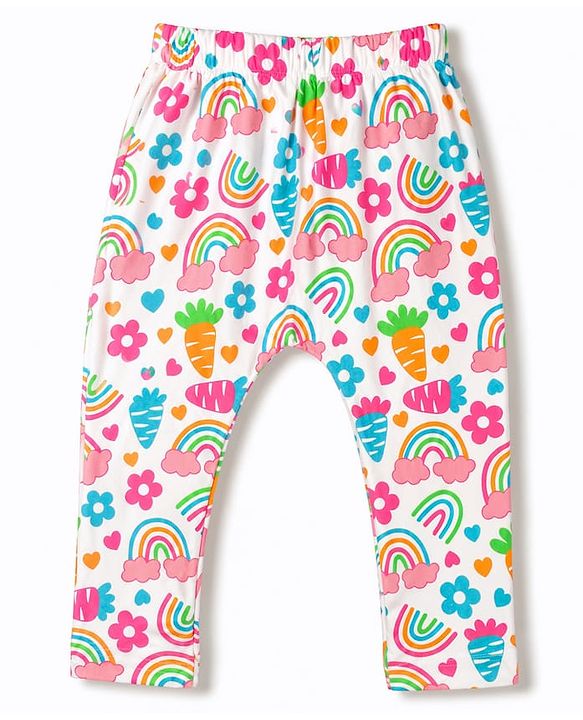Babyhug Cotton Knit Full Length Diaper Leggings With Floral Heart & Rainbow Print Pack of 3 - Multicolor