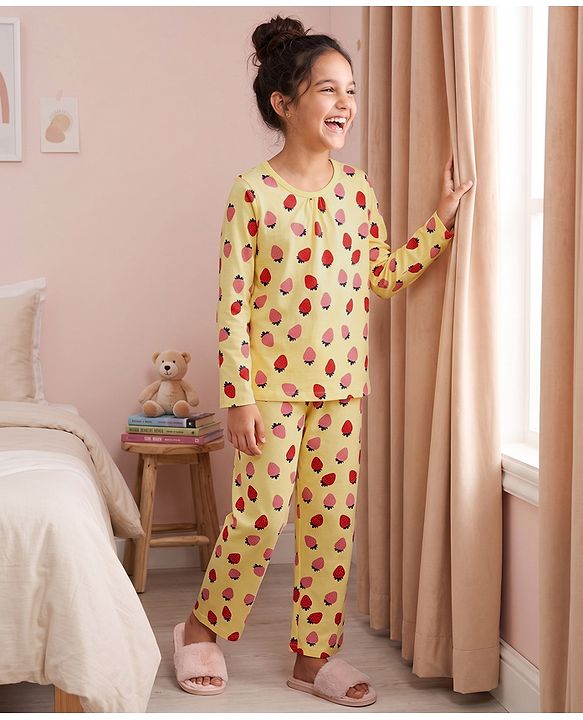 Pine Kids Cotton Knit Full Sleeves Top & Pyjama Co-ord Night Suit with Strawberry Print - Yellow