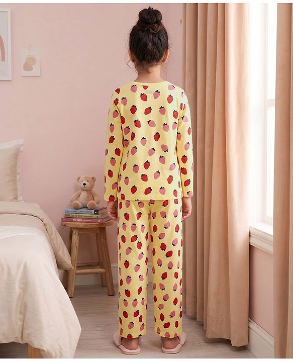 Pine Kids Cotton Knit Full Sleeves Top & Pyjama Co-ord Night Suit with Strawberry Print - Yellow