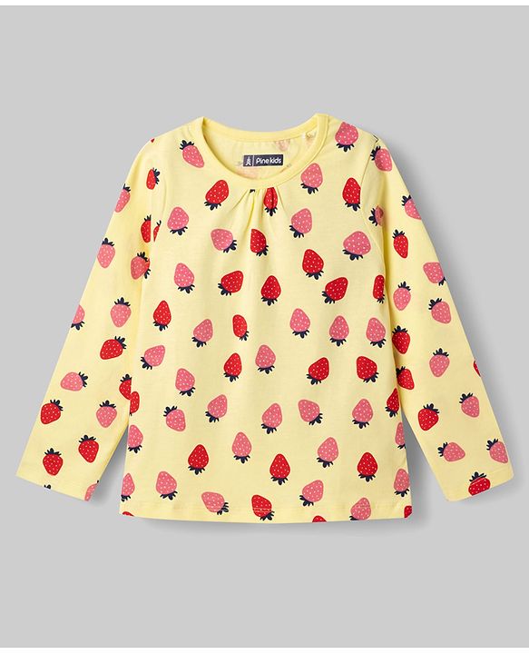 Pine Kids Cotton Knit Full Sleeves Top & Pyjama Co-ord Night Suit with Strawberry Print - Yellow