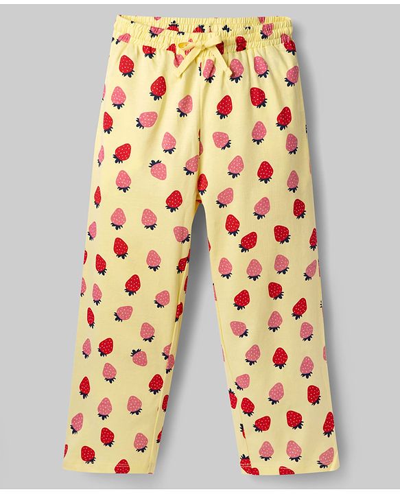 Pine Kids Cotton Knit Full Sleeves Top & Pyjama Co-ord Night Suit with Strawberry Print - Yellow