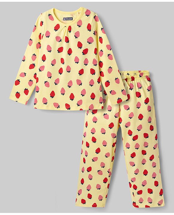 Pine Kids Cotton Knit Full Sleeves Top & Pyjama Co-ord Night Suit with Strawberry Print - Yellow