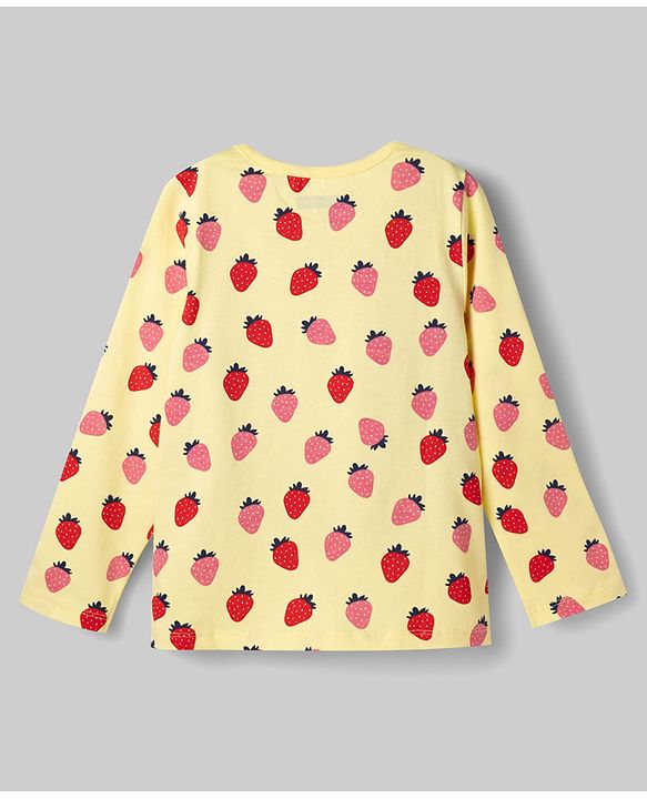 Pine Kids Cotton Knit Full Sleeves Top & Pyjama Co-ord Night Suit with Strawberry Print - Yellow