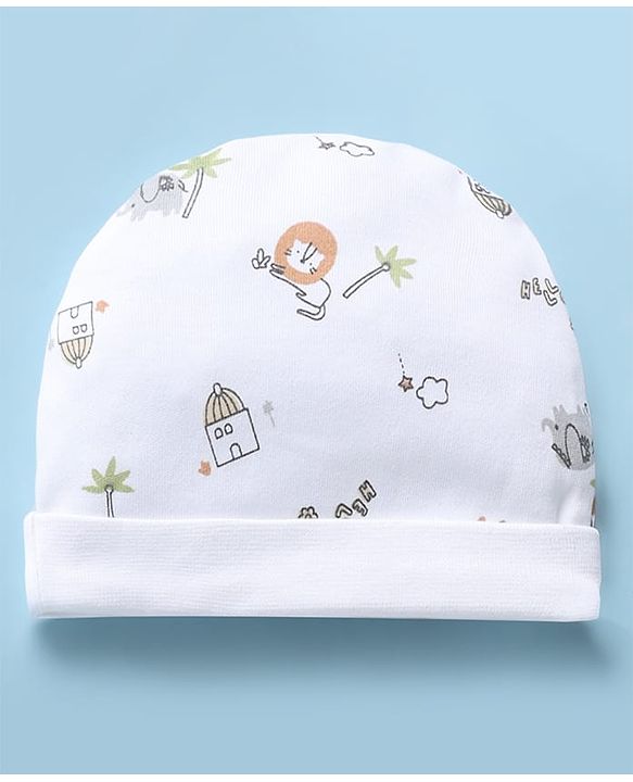 Babyhug 100% Cotton Interlock Knit Cap, Mitten & Booties with Lion Home Star Print White - Diameter 14 cm