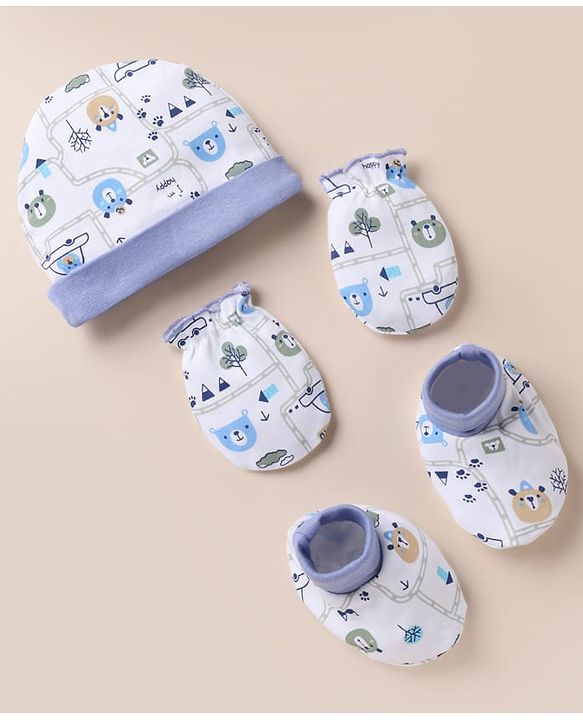 Babyhug 100% Cotton Interlock Knit Cap, Mitten & Booties with Vehicle Bear Map Print White - Diameter 14 cm
