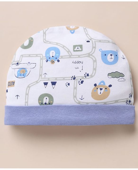 Babyhug 100% Cotton Interlock Knit Cap, Mitten & Booties with Vehicle Bear Map Print White - Diameter 14 cm