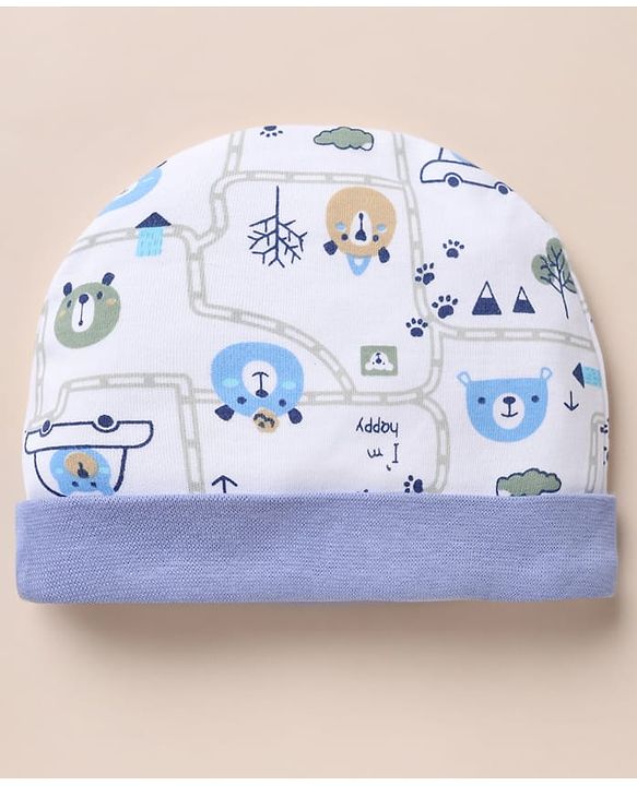 Babyhug 100% Cotton Interlock Knit Cap, Mitten & Booties with Vehicle Bear Map Print White - Diameter 14 cm