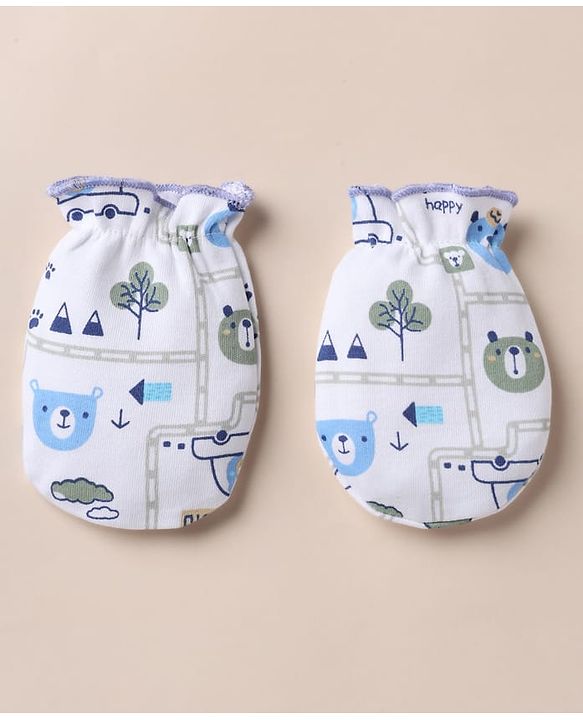 Babyhug 100% Cotton Interlock Knit Cap, Mitten & Booties with Vehicle Bear Map Print White - Diameter 14 cm