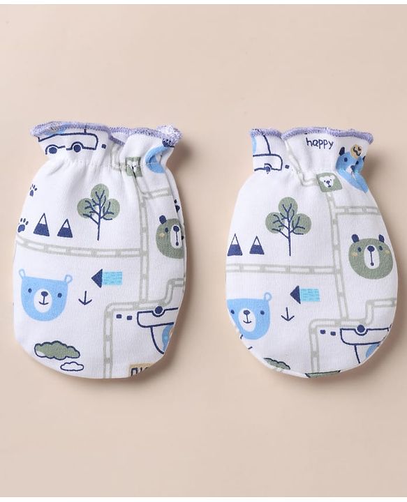 Babyhug 100% Cotton Interlock Knit Cap, Mitten & Booties with Vehicle Bear Map Print White - Diameter 14 cm