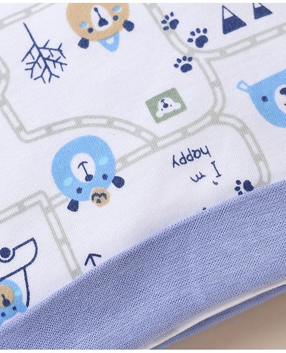 Babyhug 100% Cotton Interlock Knit Cap, Mitten & Booties with Vehicle Bear Map Print White - Diameter 14 cm