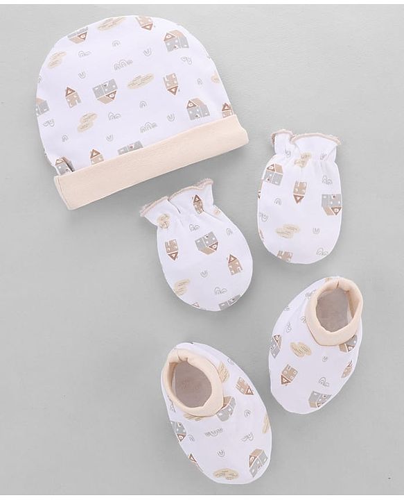 Babyhug 100% Cotton Interlock Knit Cap, Mitten & Booties Set With Rainbow Print White - Diameter 14 cm