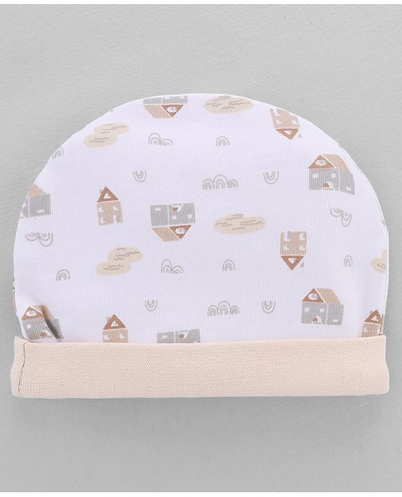 Babyhug 100% Cotton Interlock Knit Cap, Mitten & Booties Set With Rainbow Print White - Diameter 14 cm
