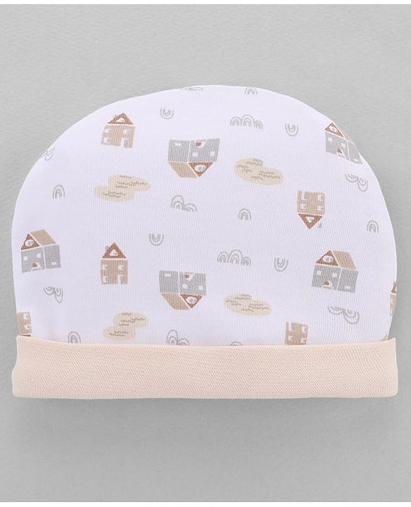 Babyhug 100% Cotton Interlock Knit Cap, Mitten & Booties Set With Rainbow Print White - Diameter 14 cm