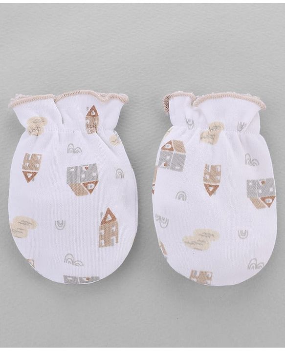 Babyhug 100% Cotton Interlock Knit Cap, Mitten & Booties Set With Rainbow Print White - Diameter 14 cm