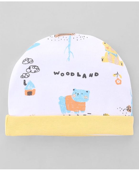 Babyhug 100% Cotton Interlock Knit Cap , Mittens & Booties with Bear Print White - Diameter 13 cm