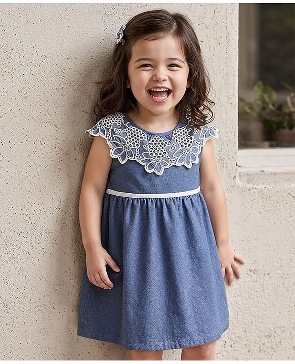 Babyhug Chambray Woven Sleeveless One Piece Frock With Floral Lace Detailing - Blue
