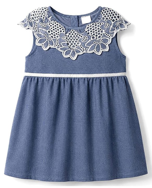 Babyhug Chambray Woven Sleeveless One Piece Frock With Floral Lace Detailing - Blue