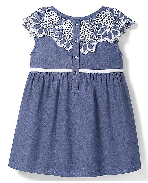 Babyhug Chambray Woven Sleeveless One Piece Frock With Floral Lace Detailing - Blue