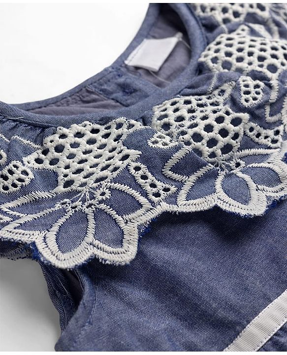 Babyhug Chambray Woven Sleeveless One Piece Frock With Floral Lace Detailing - Blue