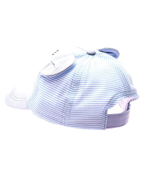 Babyhug 100% Cotton Woven Striped Baseball Cap With Bear Embroidery & Ear Applique Light Blue - Diameter 14.5 cm