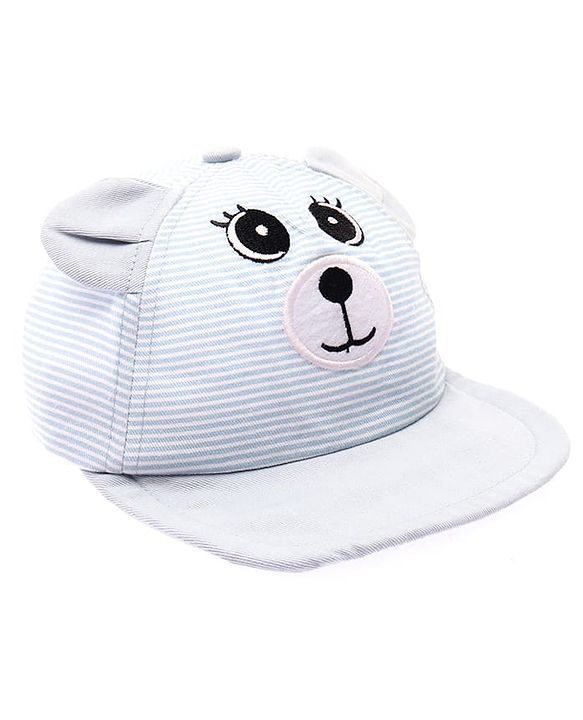Babyhug 100% Cotton Woven Striped Baseball Cap With Bear Embroidery & Ear Applique Light Blue - Diameter 14.5 cm