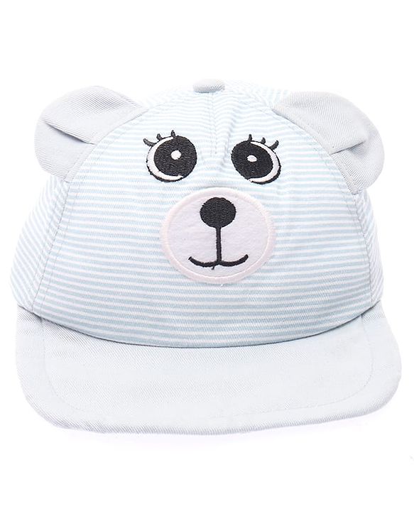 Babyhug 100% Cotton Woven Striped Baseball Cap With Bear Embroidery & Ear Applique Light Blue - Diameter 14.5 cm