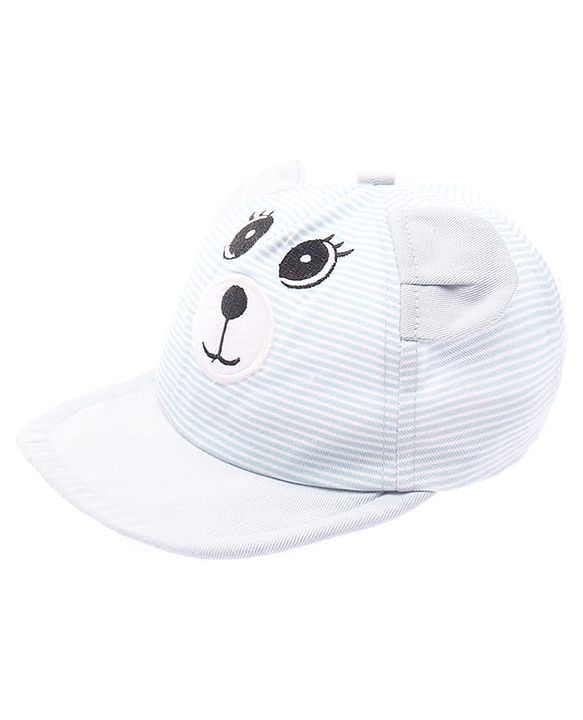 Babyhug 100% Cotton Woven Striped Baseball Cap With Bear Embroidery & Ear Applique Light Blue - Diameter 14.5 cm