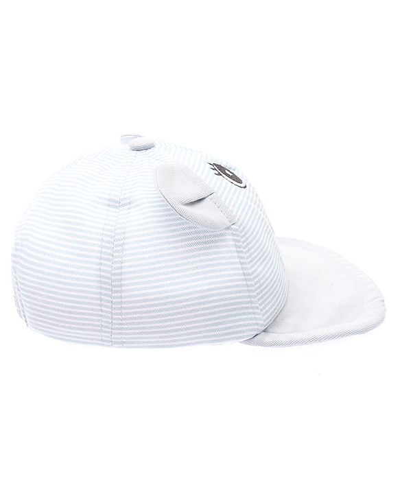 Babyhug 100% Cotton Woven Striped Baseball Cap With Bear Embroidery & Ear Applique Light Blue - Diameter 14.5 cm