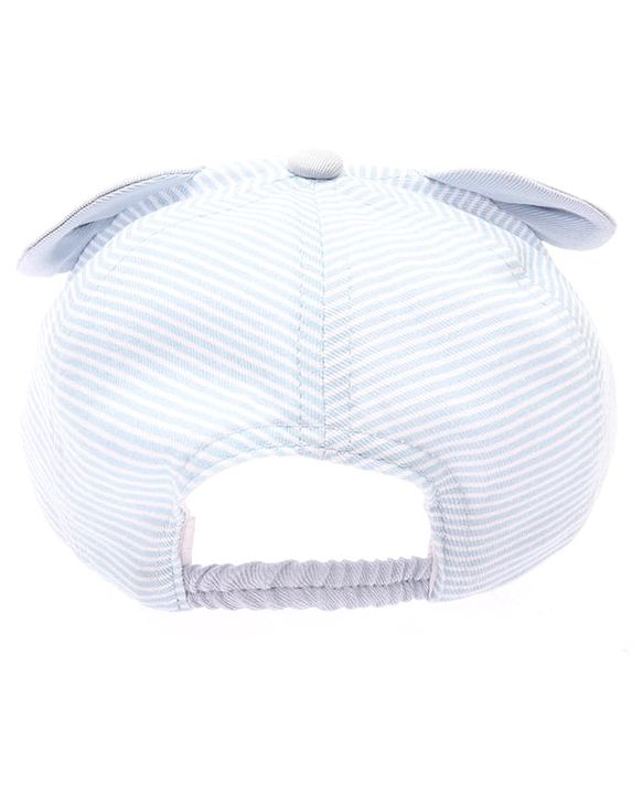 Babyhug 100% Cotton Woven Striped Baseball Cap With Bear Embroidery & Ear Applique Light Blue - Diameter 14.5 cm