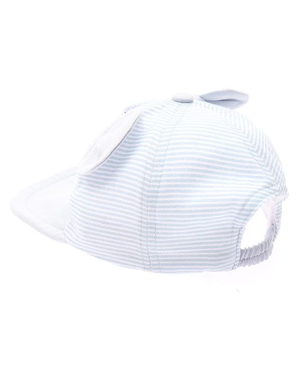 Babyhug 100% Cotton Woven Striped Baseball Cap With Bear Embroidery & Ear Applique Light Blue - Diameter 14.5 cm
