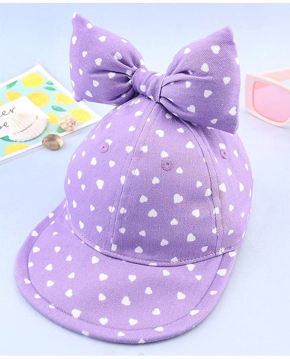 Babyhug 100% Cotton Woven Summer Cap With Bow Applique & Heart Print Lilac - Diameter 21.5 cm