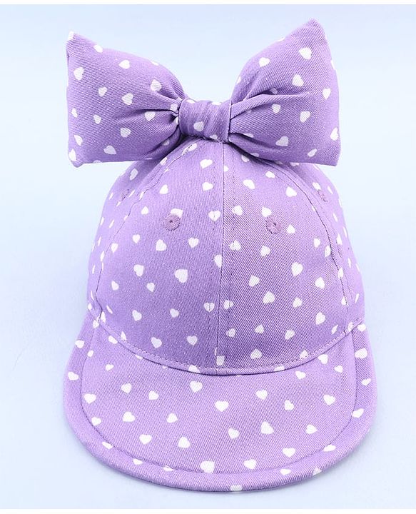 Babyhug 100% Cotton Woven Summer Cap With Bow Applique & Heart Print Lilac - Diameter 21.5 cm