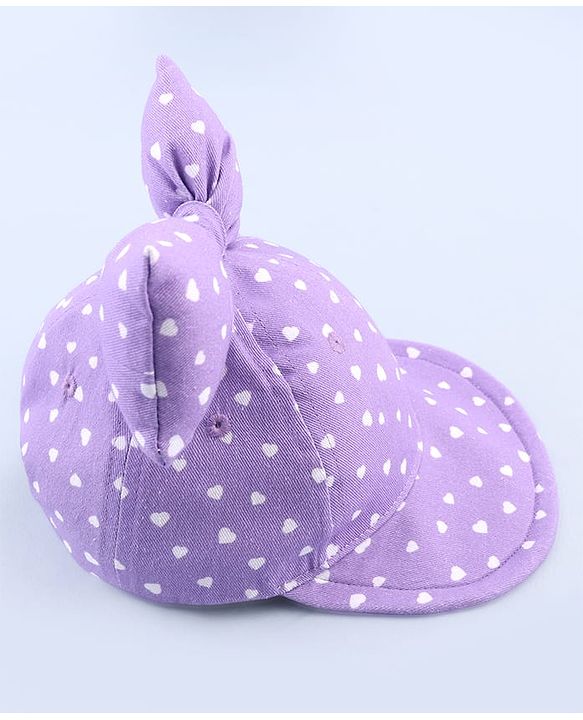 Babyhug 100% Cotton Woven Summer Cap With Bow Applique & Heart Print Lilac - Diameter 21.5 cm